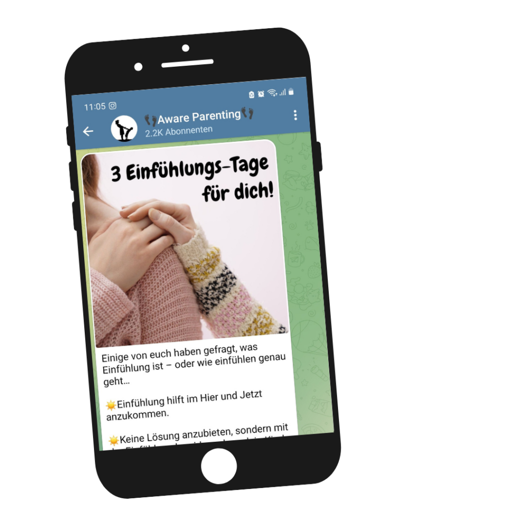 Mockup-Bild eines Handy zur Vorschau auf die Telegram-App-Gruppe von Aware Parenting
